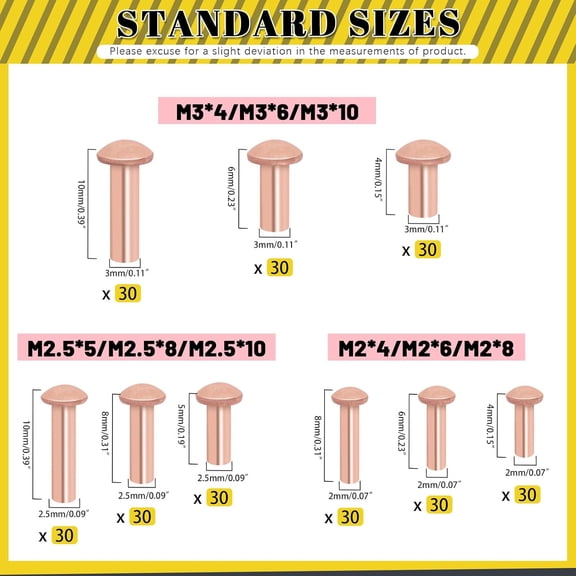 RRFDWQ-270Pcs Round Head Copper Solid Rivets Kit, M2 M2.5 M3 Solid Copper Rivets Fasteners, Round Head Rivets Solid Copper Rivets for Electrical Applications, Leather Working Supplies