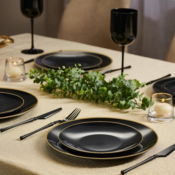 RRFDWQ-32 Piece Combo Plate Set includes 16-7'' inch Plates & 16-10'' inch Dinner Plate Black Plastic With Gold Rim Design Party Plates, Premium heavyweight Elegant, Disposable