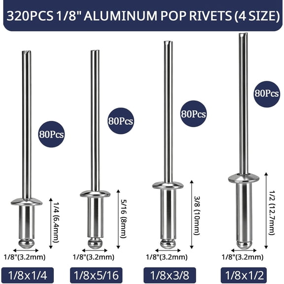 RRFDWQ-320 Pcs 1/8 Inches Pop Rivets Assortment Kit - 4 Sizes Aluminum Rivets 1/8" x (1/4", 5/16", 3/8", 1/2"), Blind Rivets for Metal, Dome Head rivet kit
