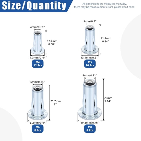 RRFDWQ-34pcs M4 M5 M6 M8 Multi-Grip Rivet Nuts Set White Zinc Plated Carbon Steel Flat Head Rivnut Pre Bulbed Shank Threaded Insert Rivet Nuts for Construction Industrial