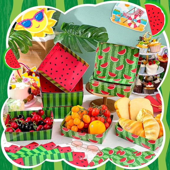 RRFDWQ-36 Pack Watermelon Party Paper Plates 5 lb Large Watermelon Dessert Shortcake Serving Plates Trays Disposable Summer Pool Food Nacho Boats Snack Bowls for Birthday Party Favors