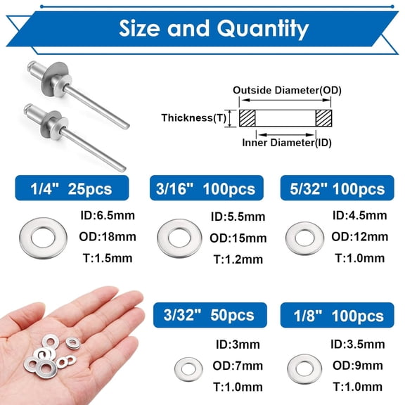 RRFDWQ-375PCS Silver Pop Rivet washers Assortment kit for Pop Rivets Diameter 3/32",1/8",5/32",3/16", 1/4" 304 Stainless Steel pop Rivet Washer Aluminum pop Rivet washers Blind Rivet Washer