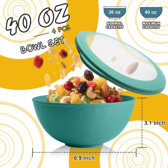 RRFDWQ-40 OZ Wheat Straw Bowls with Lids Set, 4 PCS Unbreakable Salad Bowls with Lid, Alternative Plastic Food Containers with Lids for Lunch, Microwave & Dishwasher Safe Kitchen Bowl Set, Green