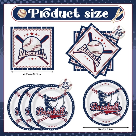 RRFDWQ-50 Pcs Baseball Plates and Napkins, Disposable Baseball Party Supplies Baseballs Themed Birthday Party Decorations Include 7 Inch Baseballs Plates and 6.5 Inch Paper Napkins