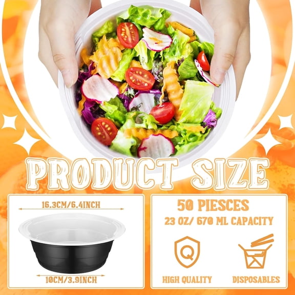 RRFDWQ-50 Pcs Black Plastic Bowls 23 oz Disposable But Reusable Snack Bowls Salad Dessert Serving Plates for 4th of July Wedding Birthday Winter Picnics Holiday Party Supplies