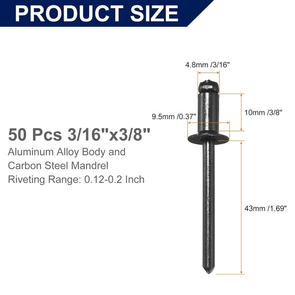 RRFDWQ-50Pcs 3/16" x3/8" Aluminum Blind Rivets, Aluminum Grip and Steel Mandrel, Countersunk Head Long Split Rivets for Metal, Furniture, Automotive, Black