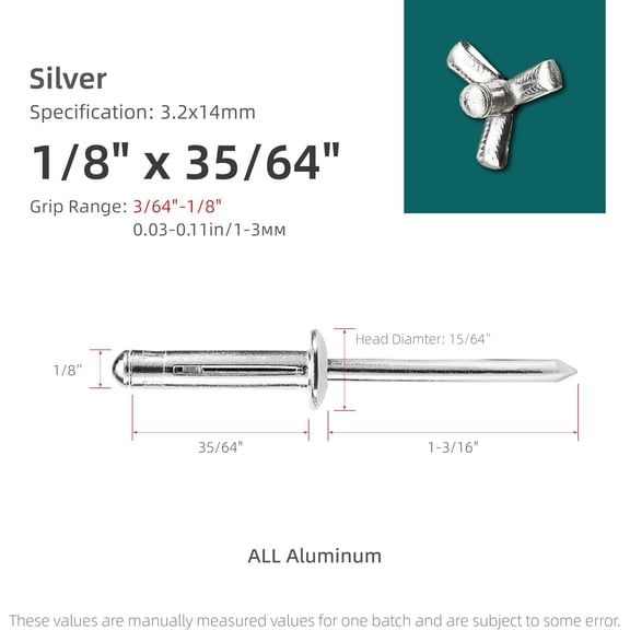 RRFDWQ-50Pcs Tri-Fold Aluminum Blind Rivets,Tri Grip Exploding Assortment Bulb Style Pop Rivets for Automotive, Soft or Plastic Materials (Silver, 1/8"x35/64")