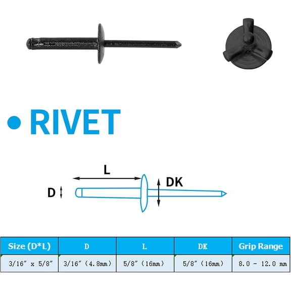 RRFDWQ-60 Pcs Aluminum Tri-Fold Rivets, 3/16" x 5/8" Tri Grip Rivets Assortment Blind Rivets Pop Rivets, Black Blind Rivets