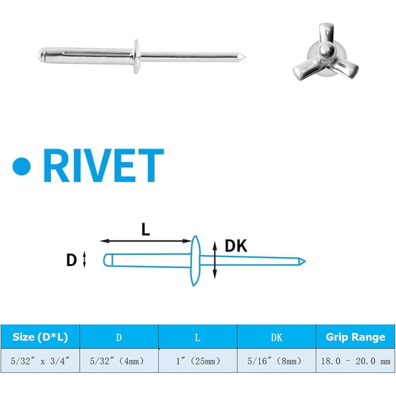 RRFDWQ-60 Pcs Aluminum Tri-Fold Rivets, 5/32" x 1" Tri Grip Rivets Assortment Blind Rivets Pop Rivets, Silver