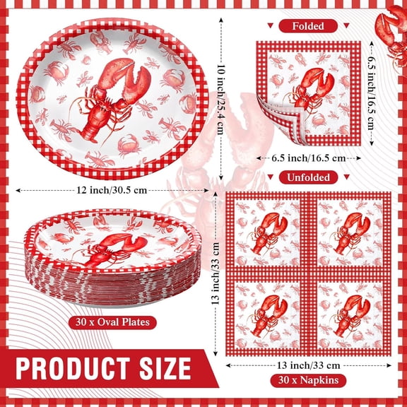 RRFDWQ-60 Pcs Boil Party Supplies with 30 pack 12 x 10'' Oval Paper Plates and 30 Pcs Guest Napkins Disposable Tableware for Lobster BBQ Summer Beach Decoration(Crawfish)