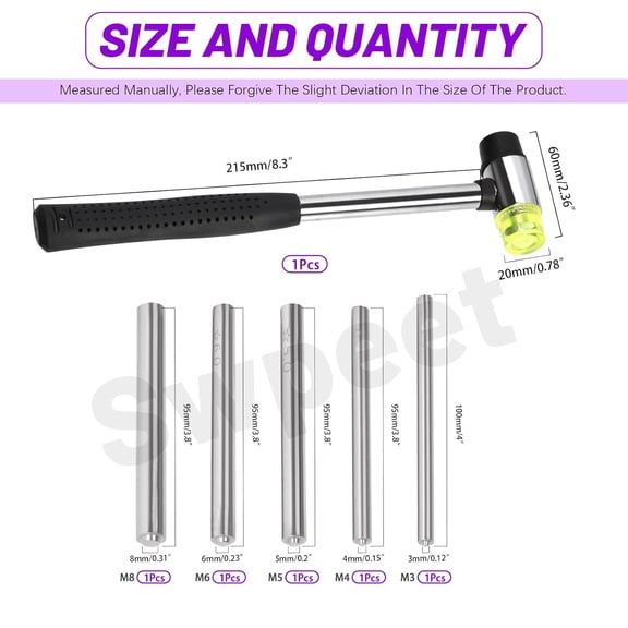 RRFDWQ-6Pcs 5 Sizes Manual Rivet Punch with Double Faced Rubber Hammer Assortment Kit, Roll Pin Punch with Hammer Set Manual Rivet Tool for Clothes/Bags Rivet Installation