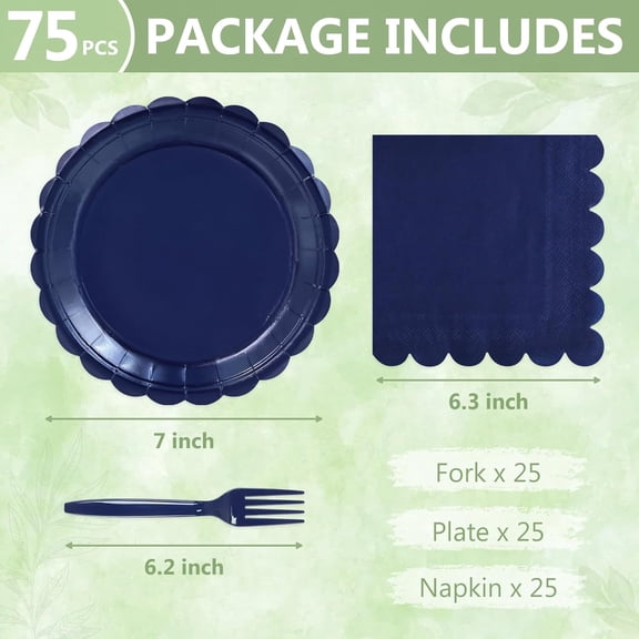 RRFDWQ-75 Navy Blue Plates and Napkins Disposable Set Includes Dessert Cake Scalloped Plates, Cocktail Napkins, Forks for for Holiday Party Supplies