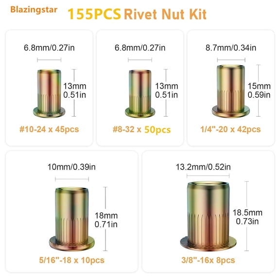 RRFDWQ-#8-32#10-24 1/4"-20 5/16"-18 3/8"-16 Carbon Steel UNC Rivet Nuts Assortment Kit, Yellow Zinc Plated Finish, Flat Head Threaded Insert Nut Assort