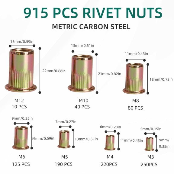 RRFDWQ-915 PCS Rivet Nut Kit, Metric Threaded Rivet Nut Assortment Kit, M3 M4 M5 M6 M8 M10 M12, Carbon Steel Galvanizing Nut Inserts Rivnuts Nutserts Kit