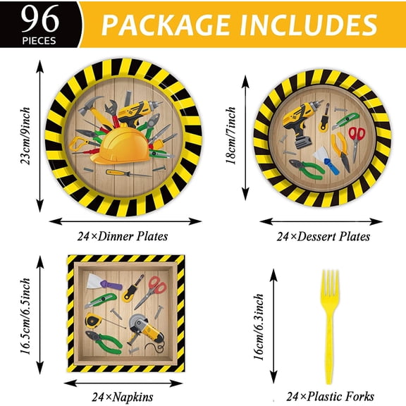 RRFDWQ-96 Pcs Handyman Tools Party Paper Plate and Napkins Construction Birthday Party Decorations Little Builder Handy Party Paper Plates Napkins Forks for Party Favors 24 Guests