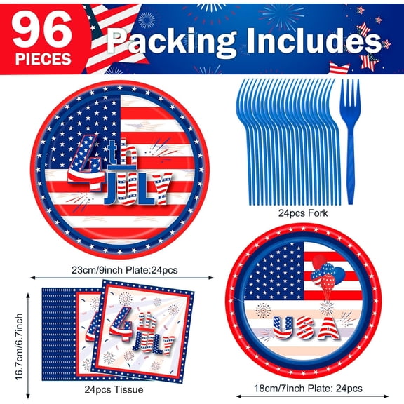 RRFDWQ-96-Piece Patriotic 4th of July Disposable Tableware Set - Star-Spangled Plates, Forks & Napkins with USA Flag Design for Independence Day BBQ, Pool Parties & Festive Celebrations