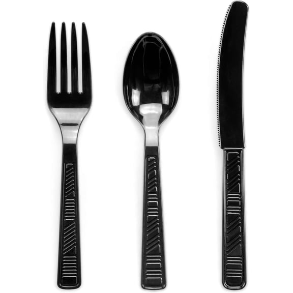 RRFDWQ-96 Piece Plastic Cutlery Set + 30 Small Plastic Plates, Black