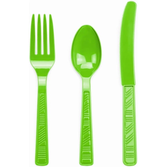 RRFDWQ-96 Piece Plastic Cutlery Set + 30 Small Plastic Plates, Lime