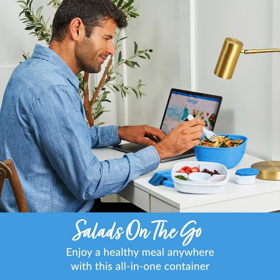 RRFDWQ-Bentgo Salad Container - 54 oz Bowl with 4-Compartment Toppings Tray, Leak-Proof Dressing Container, Reusable Fork, BPA-Free Lunch Box for Meal Prep & Food Storage; Removable Bento Tray ()