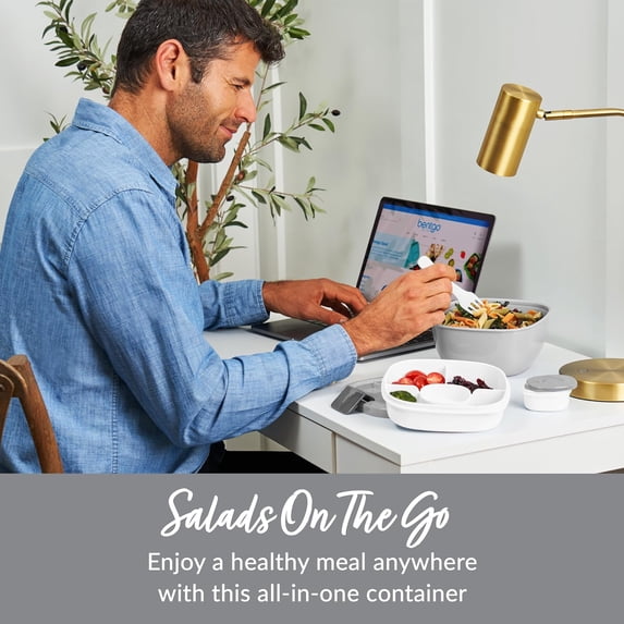 RRFDWQ-Bentgo Salad Container - 54 oz Bowl with 4-Compartment Toppings Tray, Leak-Proof Dressing Container, Reusable Fork, BPA-Free Lunch Box for Meal Prep & Food Storage; Removable Bento Tray ()