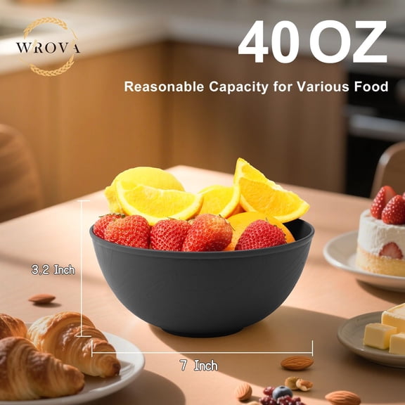 RRFDWQ-Black Cereal Bowls 40oz for Cereal Lover,Unbreakable Alternative Plastic Bowls Set of 6,Extra Thick Anti-Scald Bowl Sets suitable for Salad,Soup and Fruit.