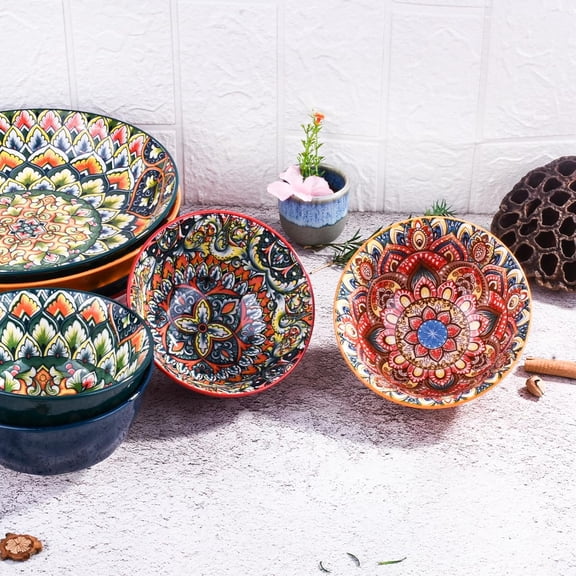 RRFDWQ-Ceramic Rice Bowl Set of 2, 4.72 Inch Mandala Pattern Porcelain Sushi Bowls Sauce Bowls, Hand-Painted Bohemian Design (HC)