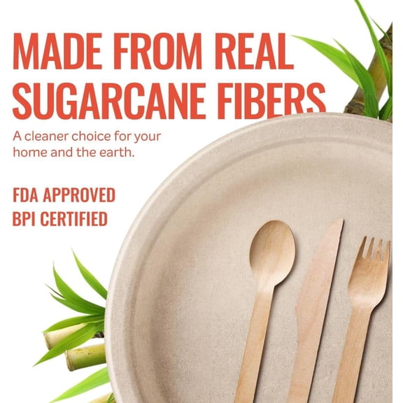 RRFDWQ-Compostable Plates 8.86 Inch, 125 Pack Heavy Duty, Leak Proof, Microwave Safe Bagasse Plates, Extra Sturdy, Oil Resistant, Eco Friendly Disposable Plates for Party, Wedding, Catering, BBQ, No