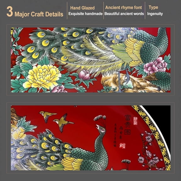 RRFDWQ-Decorative Plates for Display - Handmade Chinese Classical Red Peacock & Peony Porcelain Plates for Living Room, Dining Table, Shelf Decor (2025 Art Collection)