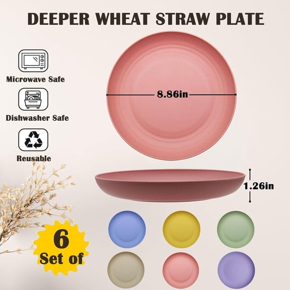 RRFDWQ-Deep Dinner Plates Set, 9in Unbreakable Wheat Straw Plates, 6pcs Deep Lightweight Dinner Dishes, Microwave and Dishwasher Safe Plate for Kitchen