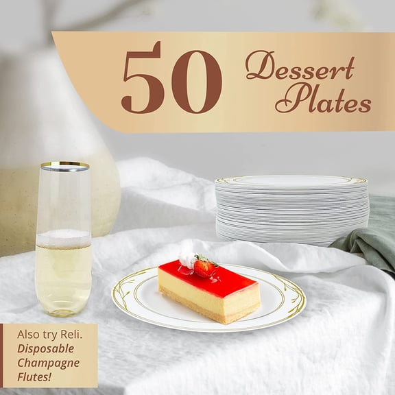 RRFDWQ-Disposable Plastic Plates, White & Gold Rim (50 Pcs, 7.5" Dessert Plate) | Hard Plastic, for Dessert/Salad/Cake | Heavy Duty Disposable Rounds for Party, Wedding, Event (Gold Trim)
