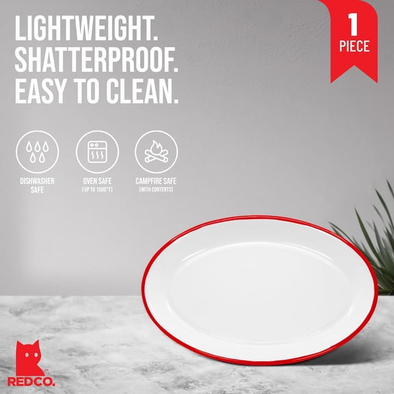 RRFDWQ-Enamelware Metal Classic 13" Serving Oval Tray Platter, Solid White/Red Rim