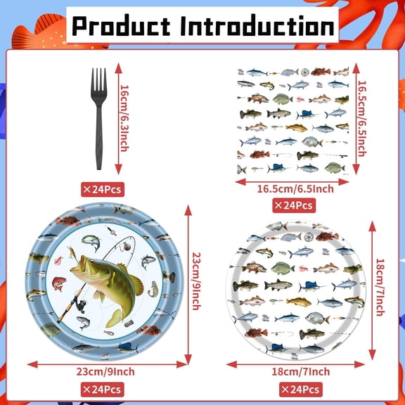 RRFDWQ-Gone Fishing Party Plates, 96PCS Fishing Birthday Party Decorations Supplies, Fish Themed Paper Plates and Napkins Forks Disposable Tableware Supplies(24 Guests)