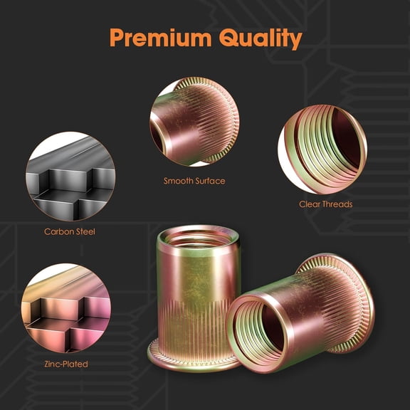 RRFDWQ-HANGLIFE Rivet Nut Assortment Kit (240 Pcs) - Metric Rivnut Threaded Insert Nuts - Includes M3, M4, M5, M6, M8, M10, M12 Flat Head Nutserts, Zinc-Plated Carbon Steel with Knurled Body