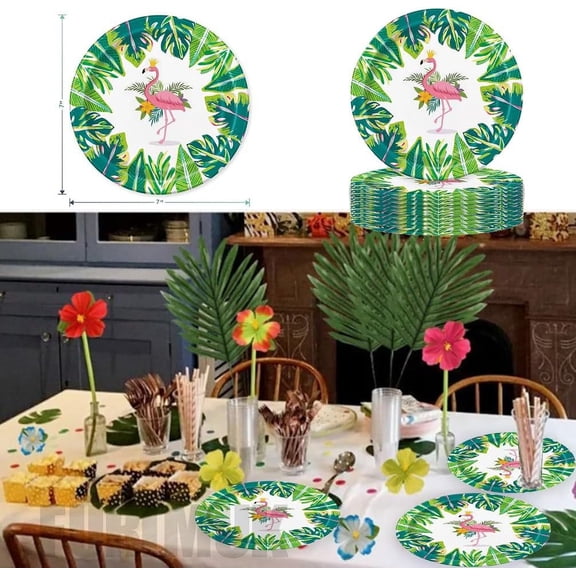 RRFDWQ-Hawaiian Flamingo Disposable Paper Plates 7 Inch Luau Party Plates Hawaiian Tropical Dessert Plates Decorative Dinnerware Plates for Summer Birthday Beach Party Decorations Favors 24Pcs
