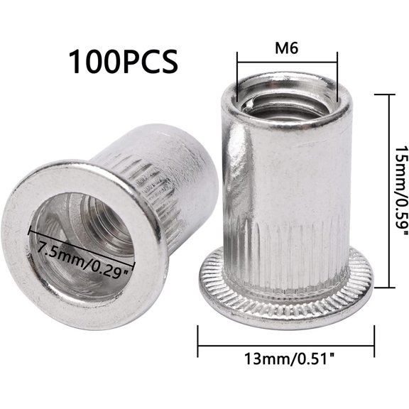 RRFDWQ-M6 6 mm Flat Head Threaded Rivetnut Insert Aluminum Rivet Nut Blind Insert Nut Pack of 100