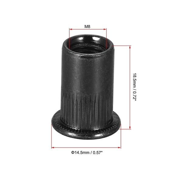 RRFDWQ-M8 Rivet Nuts Carbon Steel Zinc-Plated Knurled Flat Head Threaded Insert Nut Black 20Pcs