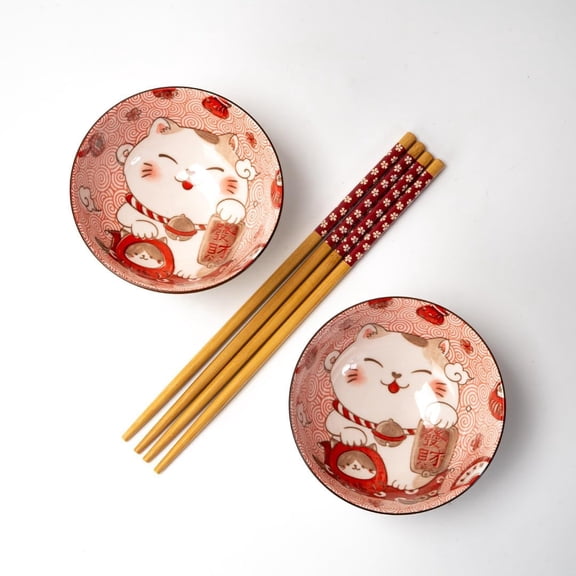 RRFDWQ-Maneki Neko Lucky Cat Tableware Set, Dinnerware with Bowls and Plates, Red Gift Box, Housewarming Fengshui Decor, Fortune Cat Kawaii Design (2 Piece Rice Bowl with Chopsticks)