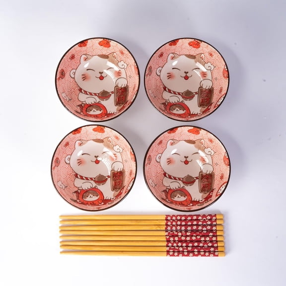 RRFDWQ-Maneki Neko Lucky Cat Tableware Set, Dinnerware with Bowls and Plates, Red Gift Box, Housewarming Fengshui Decor, Fortune Cat Kawaii Design (4 Piece Rice Bowls with Chopsticks)