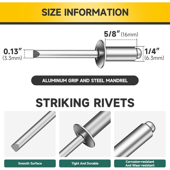 RRFDWQ-Mywish (140Pcs) 1/4" x 5/8" Blind Pop Rivets Aluminum Grip and Steel Mandrel Blind Rivets, Open End 1/4 Rivets for Metal