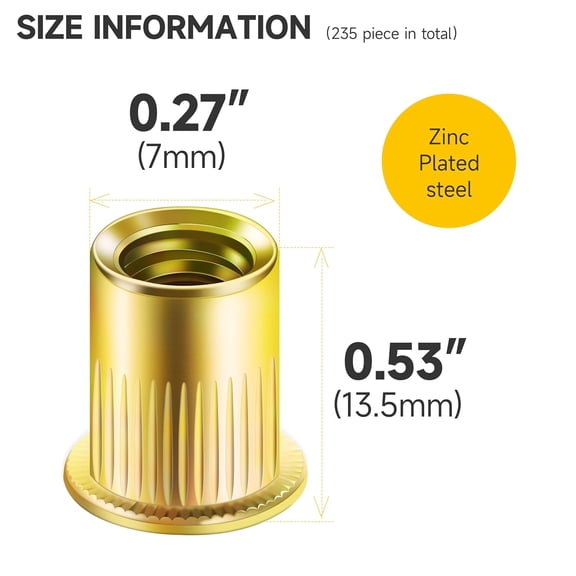 RRFDWQ-Mywish 200Pcs #10-24 Rivet Nuts, Yellow-Zinc Carbon Steel Flat Head Knurled Body RIV Nuts, Hardware Nuts Threaded Inserts Rivnuts for Wood & Metal, Rivnuts Rivets Nutsert Kit