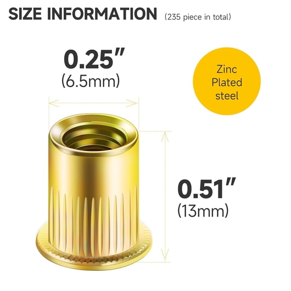 RRFDWQ-Mywish 200Pcs #8-32 Rivet Nuts, Yellow-Zinc Carbon Steel Flat Head Knurled Body RIV Nuts, Threaded Inserts Rivnuts for Wood & Metal, Rivnuts Rivets Nutsert Set