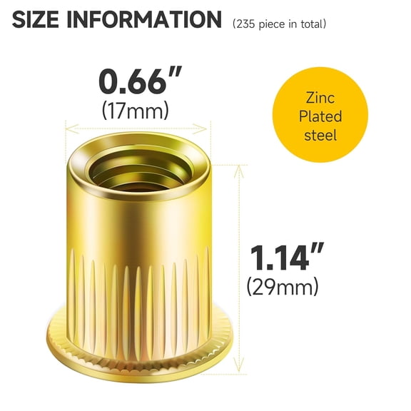 RRFDWQ-Mywish 20Pcs 1/2-13 Rivet Nuts, Yellow-Zinc Carbon Steel Flat Head RIV Nuts, Hardware Nuts Threaded Inserts Rivnuts for Wood & Metal, Rivnuts Rivets Nutsert
