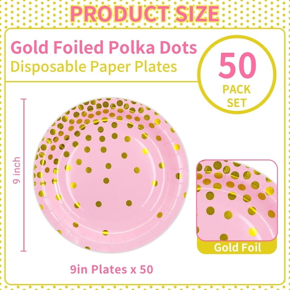 RRFDWQ-Pink and Gold Paper Plates,9 inch Metallic Foil Polka Dots Disposable Dessert Party Plates Cocktail Party Supplies Plates for Birthday, Bridal Shower, Easter, Graduation Decorations, 50 Pack