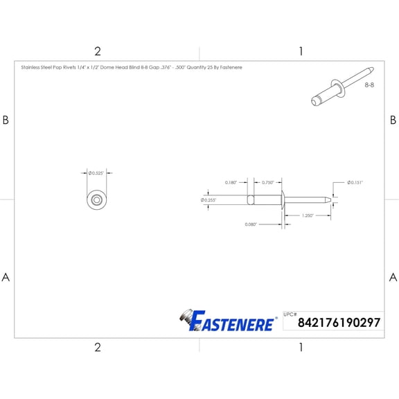 RRFDWQ-Pop Rivets - 1/4" x 1/2" (25pcs) Heavy Duty, Open-End, Stainless Steel, Dome-Head Blind Rivets, Corrosion-Resistant, High Tensile & Shear Strength, 8-8 Gap 0.376"-0.500"