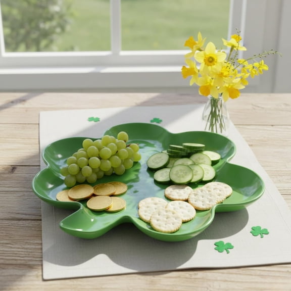 RRFDWQ-Shamrock Shaped Melamine Serving Plate, St. Patricks Day Party Tray, Festive Clover Design, for Snacks, Appetizers, and Desserts, Green, 11.25 x 11 Inch