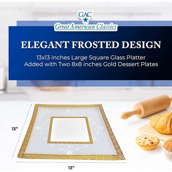 RRFDWQ-Square Tempered Glass Serving Tray 13-Inch Decorative Platter with Gold Trim, Durable, Microwave Oven & Dishwasher Safe Food Tray for Serving Dishes, Snacks & Desserts, Ideal Gift for Mother