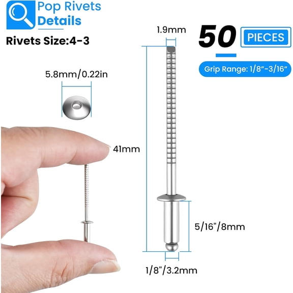 RRFDWQ-Stainless Steel Blind Rivets 1/8" x 5/16" (4-3) Open End Type Pop Rivet Grip Range 1/8-3/16 inch (50 pack)