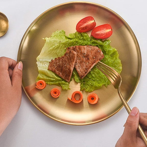 RRFDWQ-Stainless Steel Gold Plates 2 Set Round Dinner Dishes 9 Inch Metal Plates Great for Picnic,Outdoor Camping Plate,Shatterproof Dishwasher Safe