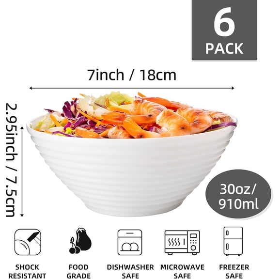 RRFDWQ-White Tempered Glass Salad Bowls 6 Pack Serving Bowls 30 oz Soup Bowls Set for Kitchen, Microwave & Dishwasher Safe
