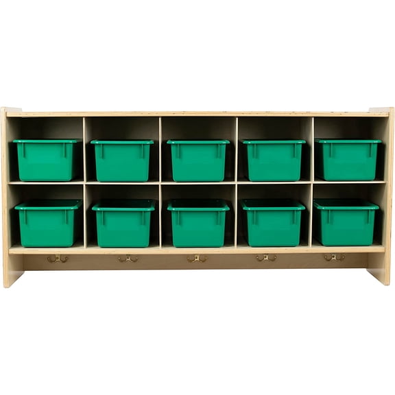 RRI Goods 10 Section Wall Mounted Storage Unit of Kindergarten w Green Bins